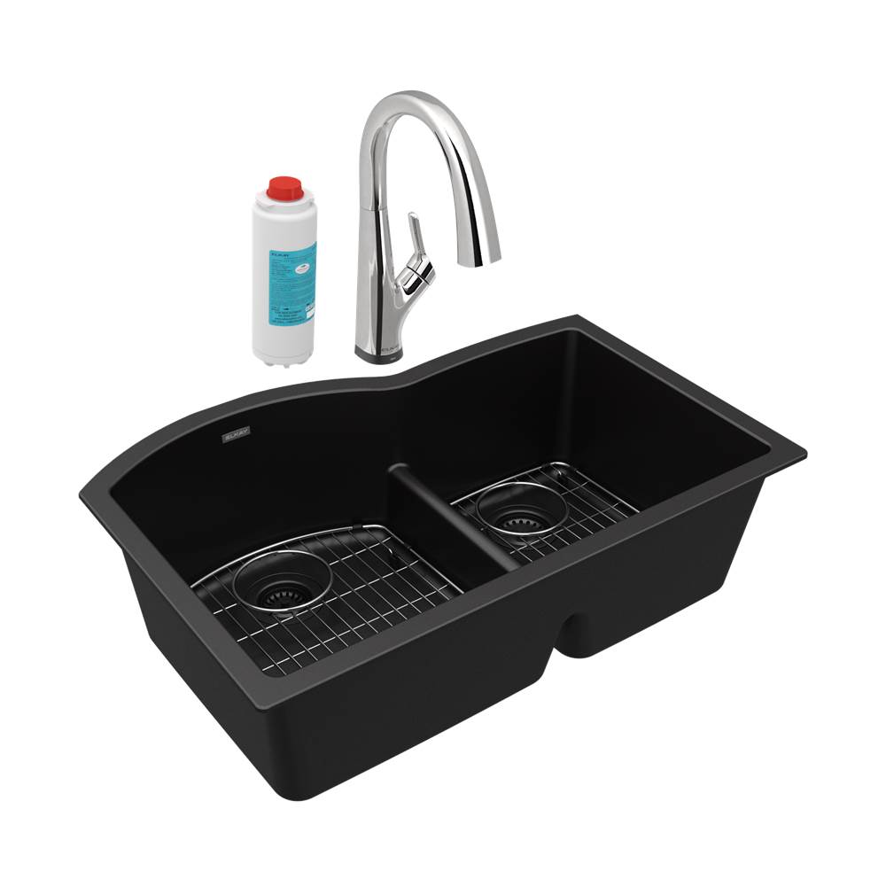Elkay Quartz Classic 33'' x 22'' x 10'', Offset 60/40 Double Bowl Undermount Sink Kit with Filtered Faucet with Aqua Divide, Black