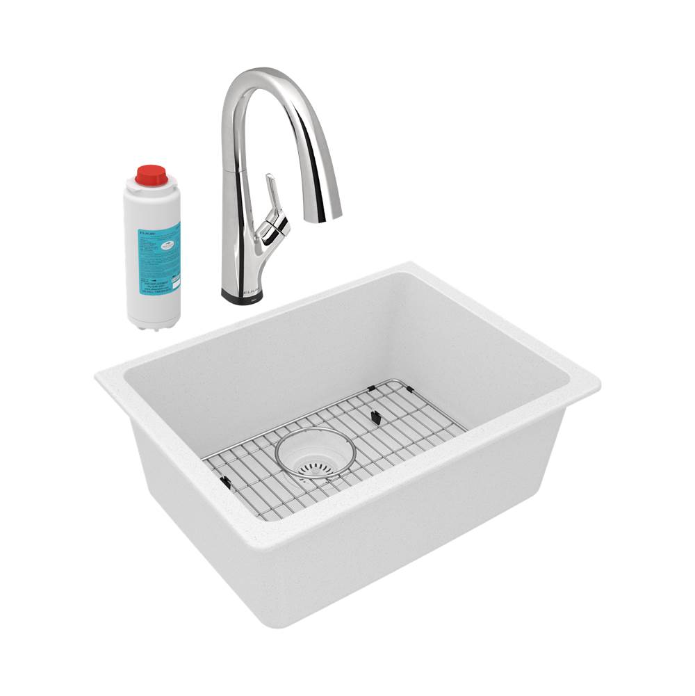Elkay Quartz Classic 24-5/8'' x 18-1/2'' x 9-1/2'', Single Bowl Undermount Sink Kit with Filtered Faucet, White