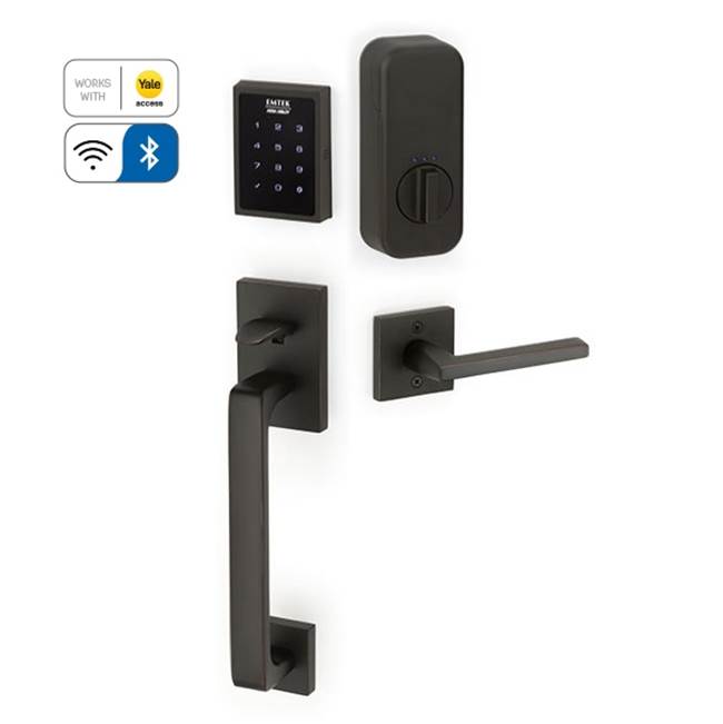 Emtek Electronic EMPowered Motorized Touchscreen Keypad Smart Lock Entry Set with Baden Grip - works with Yale Access, Mercury Lever, LH, US10B