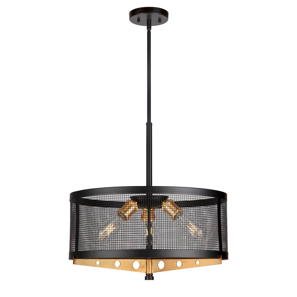 Forte Lighting Takoma 3-Light Black and Soft Gold Wire Mesh Industrial Drum Pendant with Metal Mesh Shade