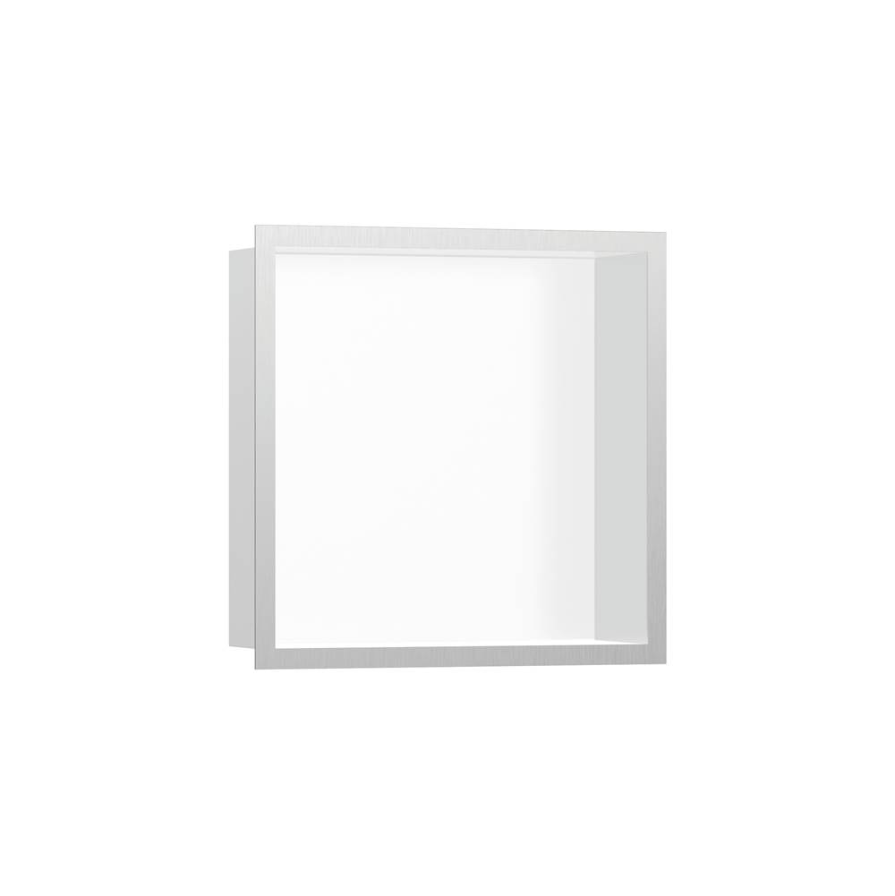Hansgrohe XtraStoris Individual Wall Niche Matte White with Design Frame 12''x 12''x 4''  in Brushed Stainless Steel