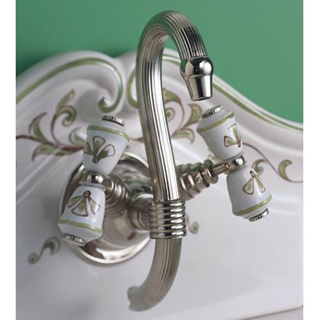 Herbeau ''Verseuse'' Wall Mounted Mixer with White or Handpainted Earthenware Handles in Berain Vert, Weathered Brass