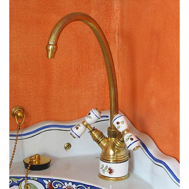 Herbeau ''Verseuse'' Deck Mounted Mixer with White or Handpainted Earthenware Handles in Vieux Rouen, Polished Brass