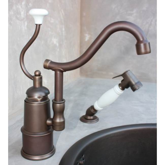Herbeau ''De Dion'' Single Lever Mixer with Ceramic Disc Cartridge and Handspray in White Handles, French Weathered Brass