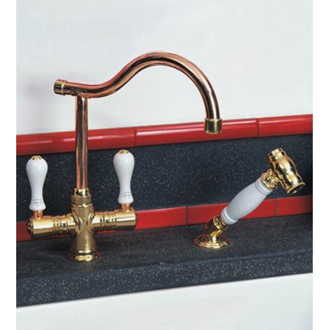 Herbeau ''Ostende'' Single-Hole Mixer with Handspray in White Handles,  Lacquered Polished Copper