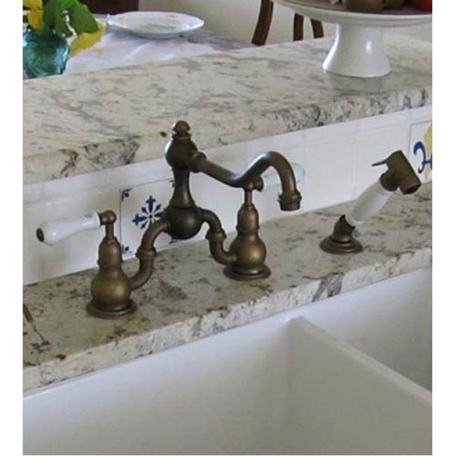 Herbeau ''Royale'' 2 Hole Kitchen Mixer with White Lever Handles and White Handspray Handle, Weathered Brass