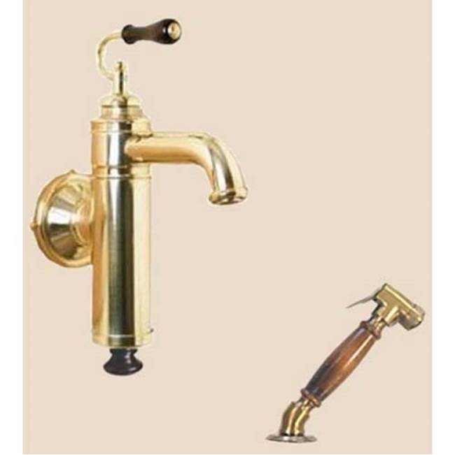 Herbeau ''Estelle'' Wall Mounted Single Lever Mixer with Ceramic Disc Cartridge and Deck Mounted Handspray in Wooden Handles, Polished Brass