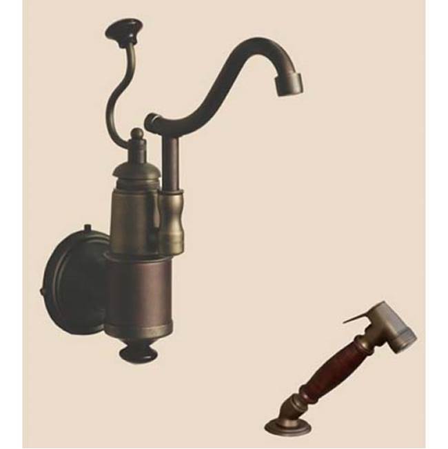 Herbeau ''De Dion'' Wall Mounted Single Lever Mixer with Ceramic Disc Cartridge and Deck Mounted Handspray in Wooden Handles, Weathered Copper/Brass