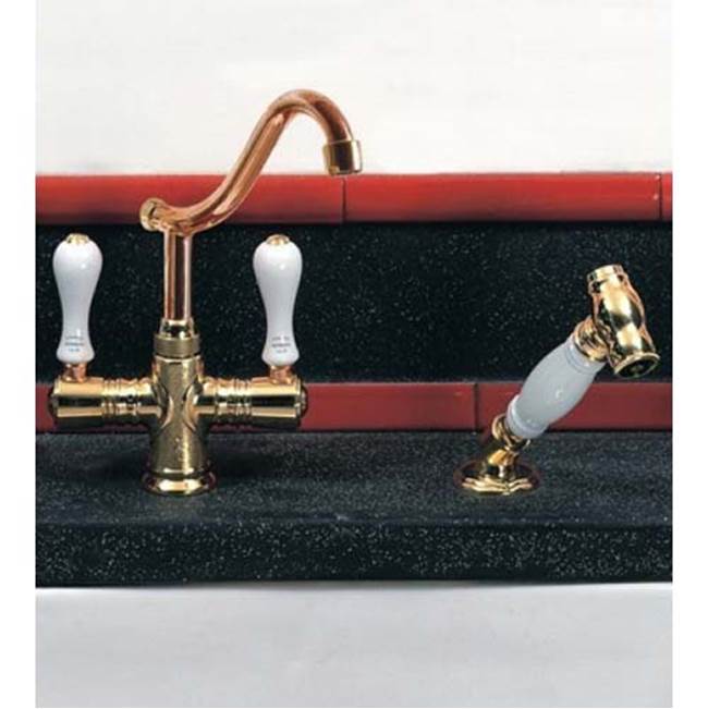Herbeau ''Namur'' Single-Hole Kitchen / Bar / Lavatory Mixer with Handspray in Wooden Handles, French Weathered Brass