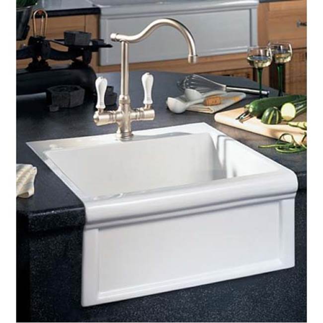 Herbeau ''Petite Luberon'' Fireclay Farmhouse Sink in Sceau Rose, French Ivory background