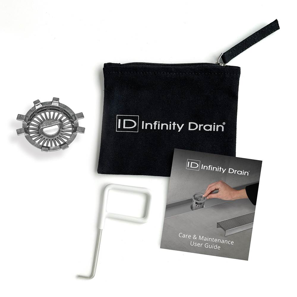 Infinity Drain Hair Maintenance Kit. Includes maintenance guide, DKEY Lift-out key, and HS 2 Hair Strainer.