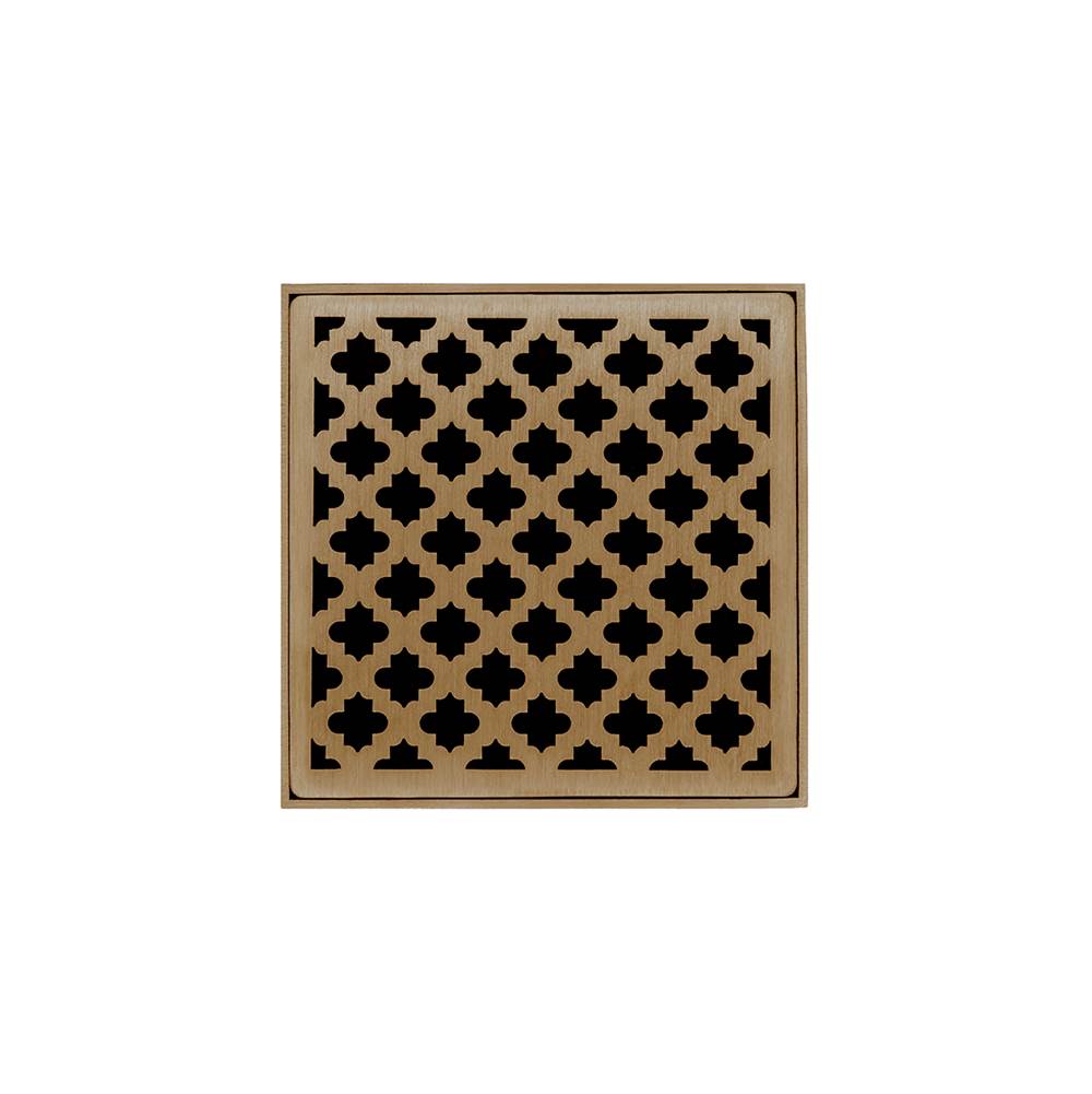 Infinity Drain 4'' x 4'' MD 4 Complete Kit with Moor Pattern Decorative Plate in Satin Bronze with Cast Iron Drain Body, 2'' Outlet