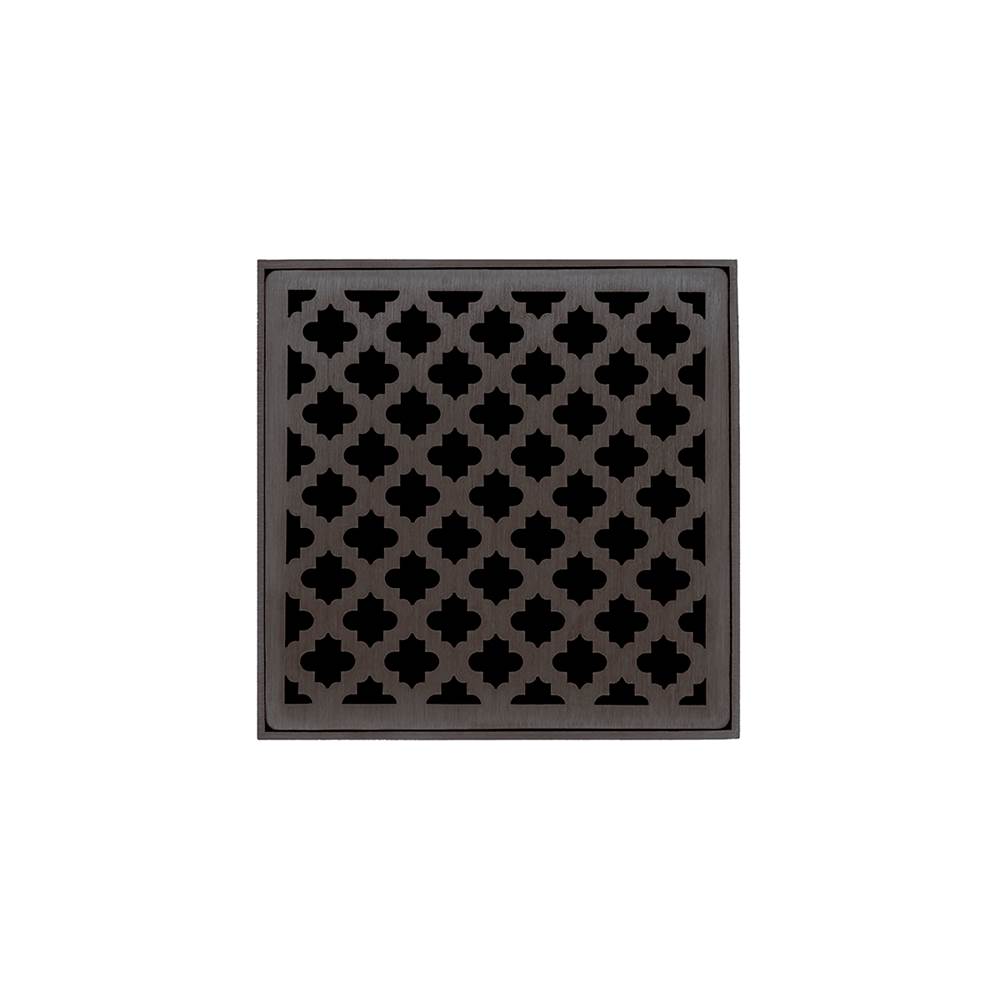 Infinity Drain 5'' x 5'' MD 5 High Flow Complete Kit with Moor Pattern Decorative Plate in Oil Rubbed Bronze with Cast Iron Drain Body, 3'' No-Hub Outlet