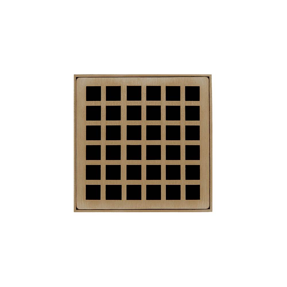 Infinity Drain 4'' x 4'' QDB 4 Complete Kit with Squares Pattern Decorative Plate in Satin Bronze with ABS Bonded Flange Drain Body, 2'', 3'' and 4'' Outlet