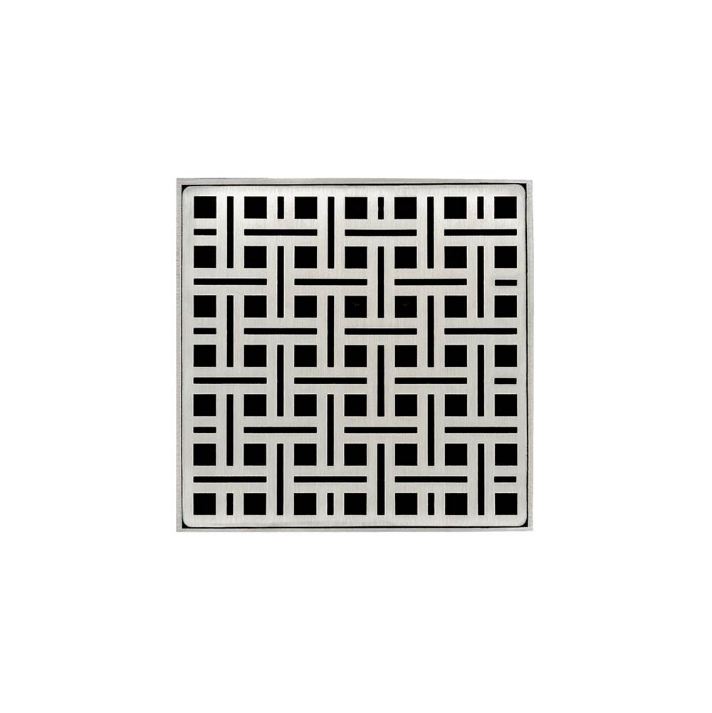 Infinity Drain 5'' x 5'' VDB 5 Complete Kit with Weave Pattern Decorative Plate in Satin Stainless with PVC Bonded Flange Drain Body, 2'', 3'' and 4'' Outlet