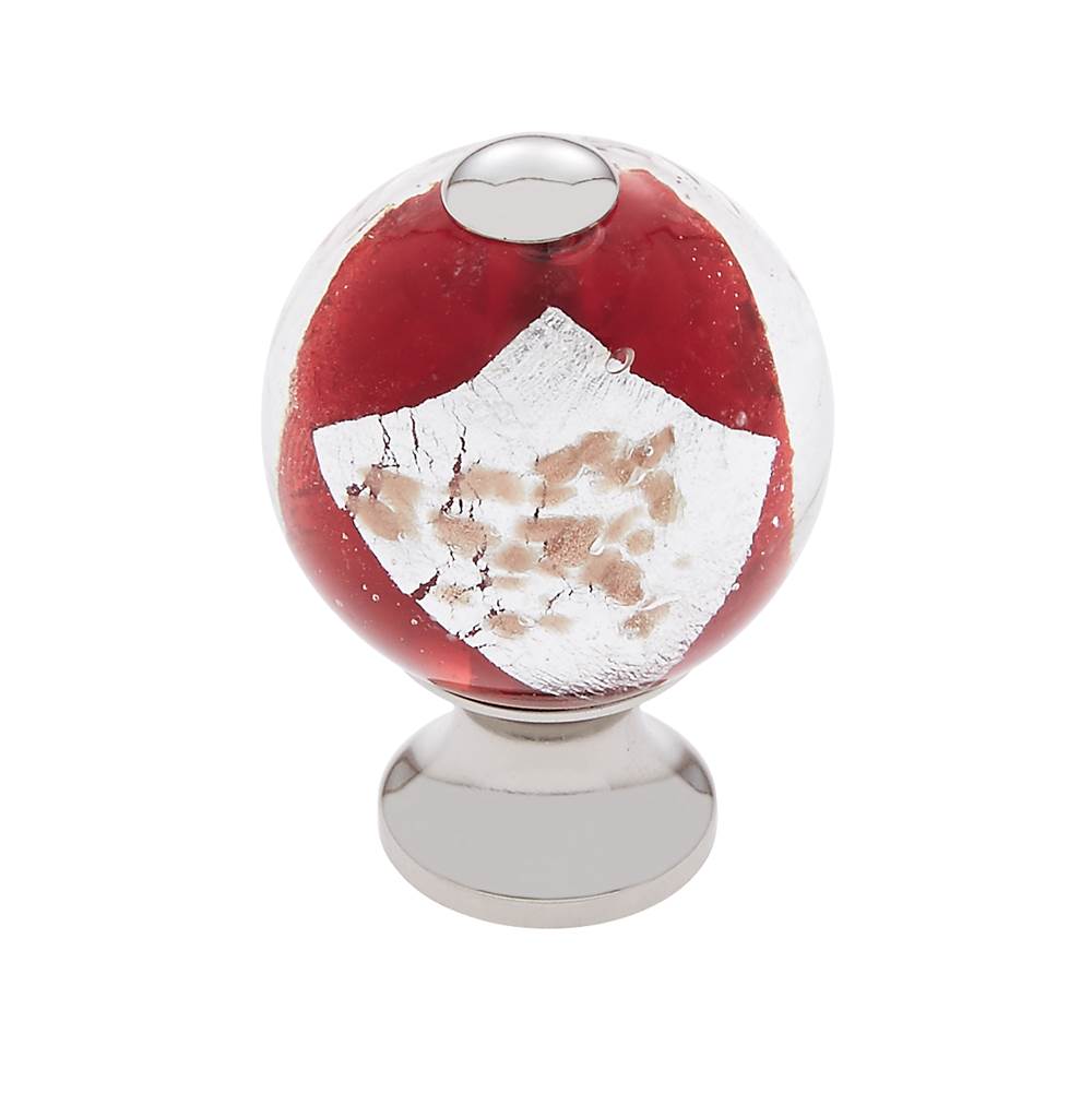 JVJ Hardware Murano Collection Polished Nickel Finish 30 mm Red w/Gold and Silver Round Glass Knob, Composition Glass and Solid Brass