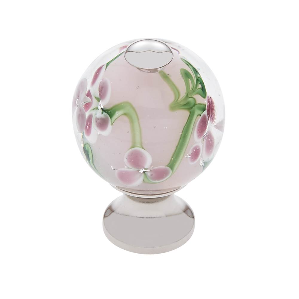 JVJ Hardware Murano Collection Polished Nickel Finish 30 mm Clear w/Purple Flowers Round Glass Knob, Composition Glass and Solid Brass