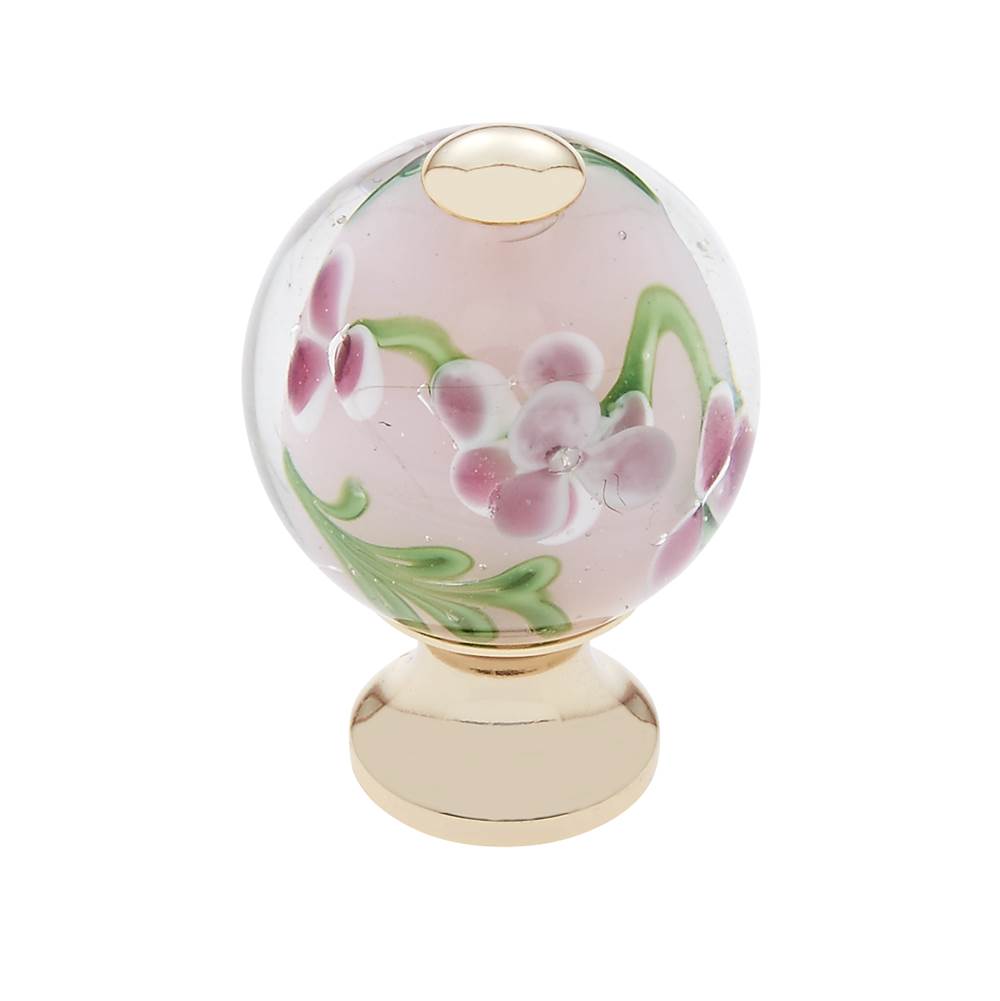 JVJ Hardware Murano Collection 24K Gold Plated Finish 30 mm Clear w/Purple Flowers Round Glass Knob, Composition Glass and Solid Brass