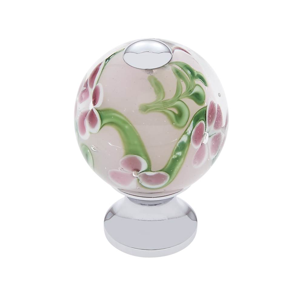 JVJ Hardware Murano Collection Polished Chrome Finish 30 mm Clear w/Purple Flowers Round Glass Knob, Composition Glass and Solid Brass