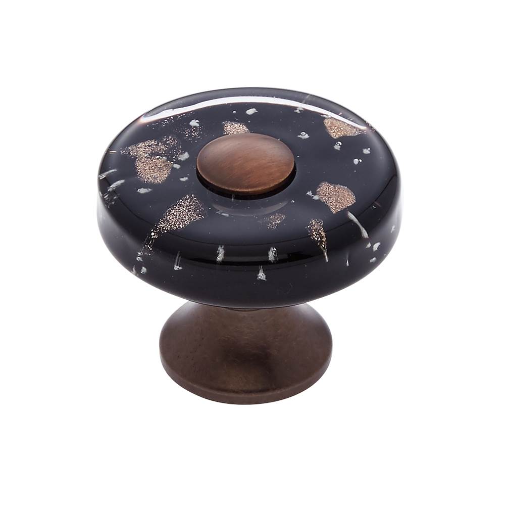 JVJ Hardware Murano Collection Old World Bronze Finish 35 mm Black w/Copper Flecks Flat Round Glass Knob, Composition Glass and Solid Brass