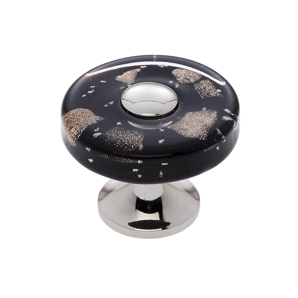 JVJ Hardware Murano Collection Polished Nickel Finish 35 mm Black w/Copper Flecks Flat Round Glass Knob, Composition Glass and Solid Brass