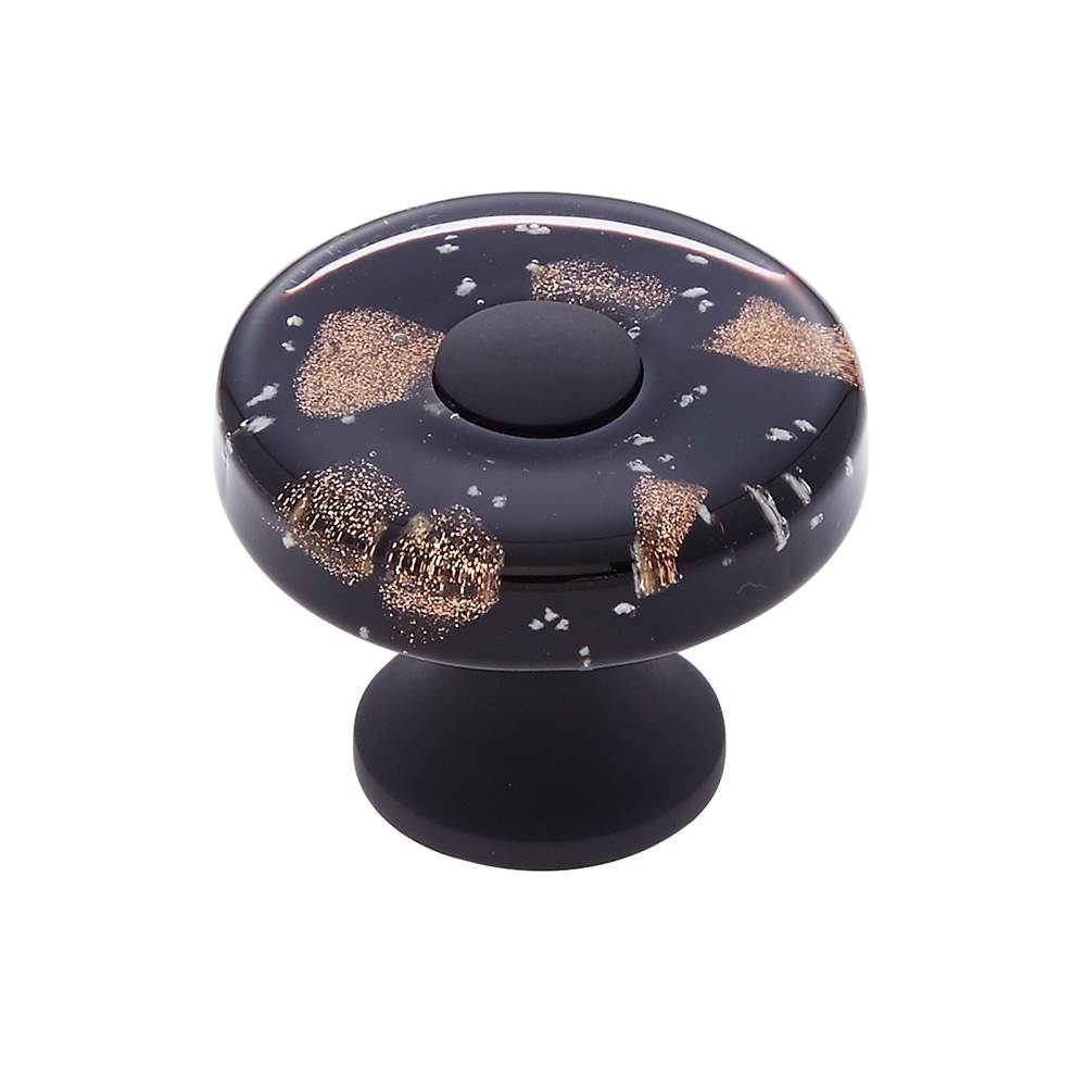 JVJ Hardware Murano Collection Oil Rubbed Bronze Finish 35 mm Black w/Copper Flecks Flat Round Glass Knob, Composition Glass and Solid Brass