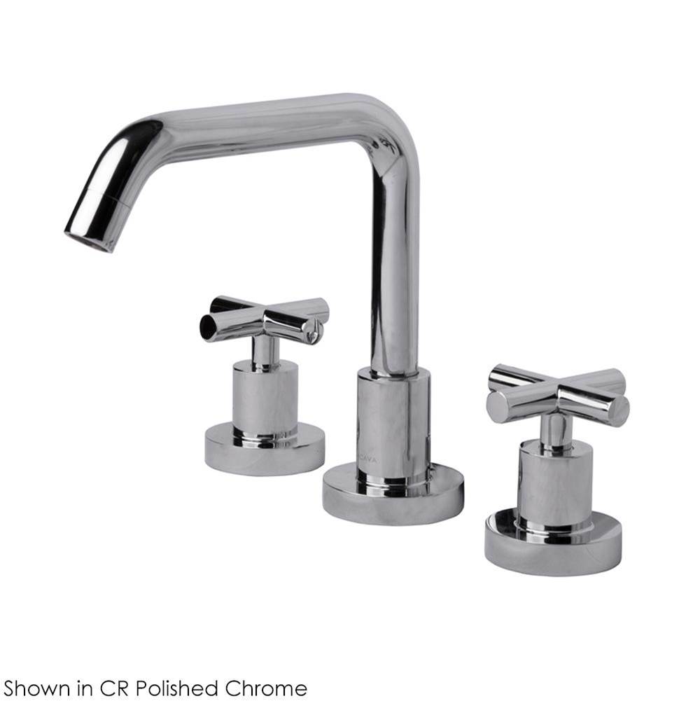 Lacava Deck-mount three-hole faucet with a squared-gooseneck swiveling spout, two cross handles, and a pop-up drain.