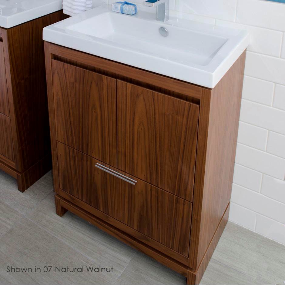Lacava Free-standing under-counter vanity with finger pulls across top doors and polished chrome pull across bottom drawer