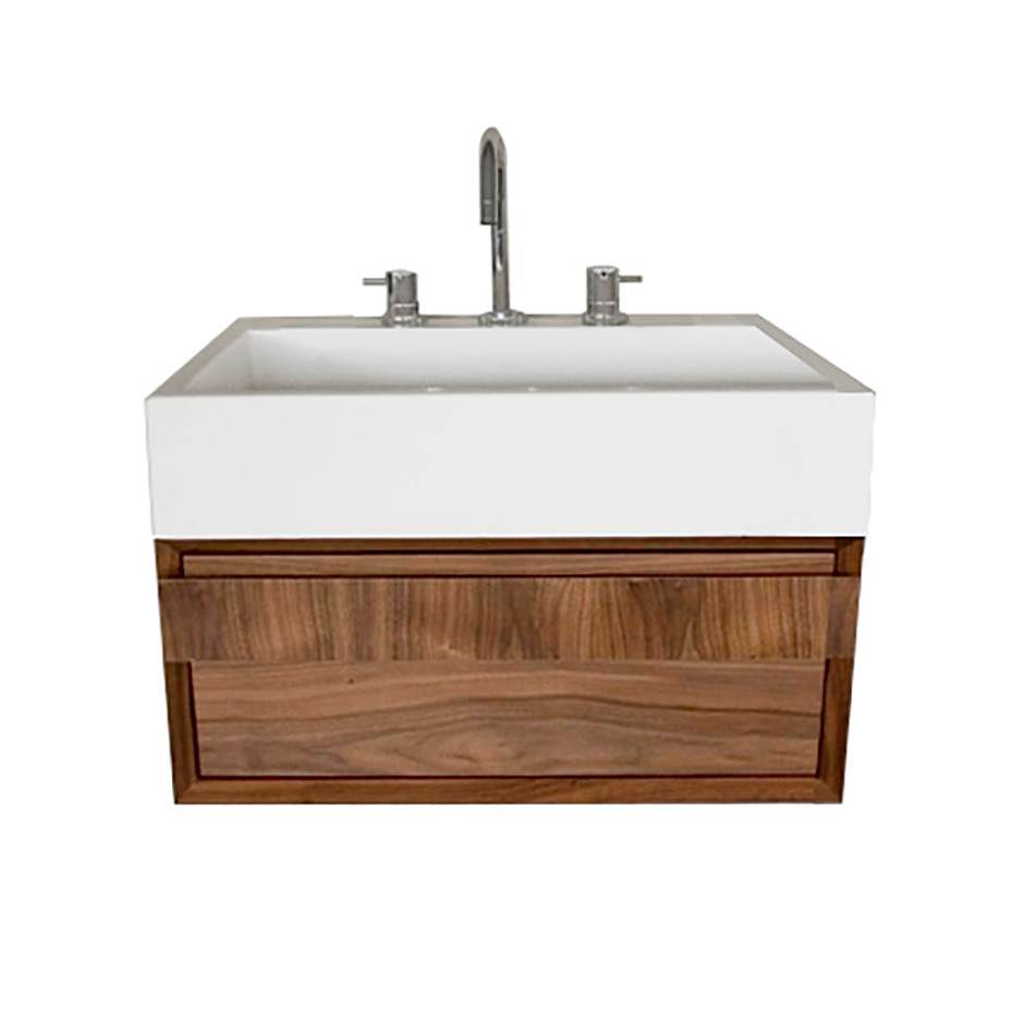 Lacava Wall-mount under-counter vanity with finger pulls on one drawer, the drawer has U-shaped notch for plumbing. W: 23 1/4'', D: 18 1/4'', H: 12''.