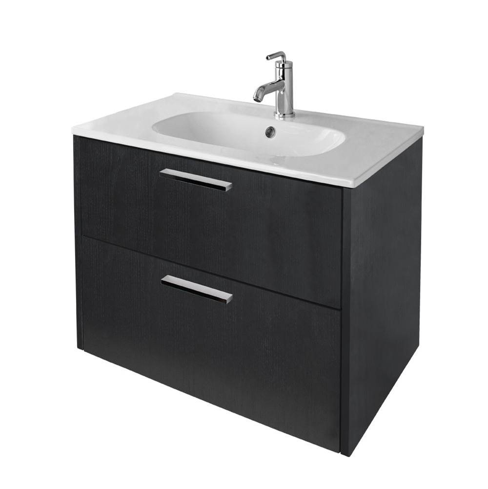Lacava Wall-mount under-counter vanity with pull out bottom behind two finger pull doors.  W:31 1/2'', D: 17 5/8'', H: 22''.