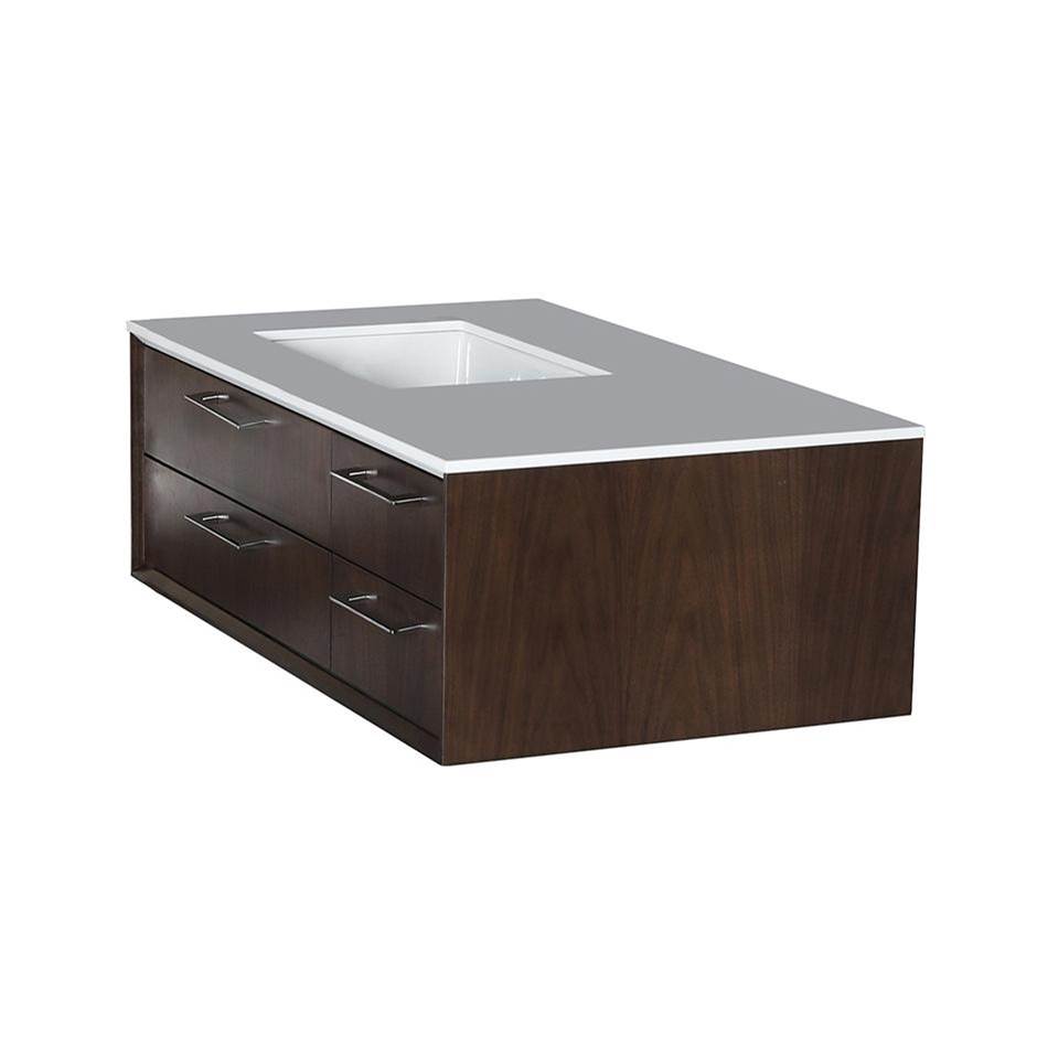 Lacava Cabinet of wall-mount under-counter vanity featuring three drawers and solid surface countertop with a cut-out for undermount sink on the left