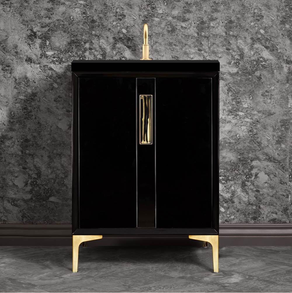 Linkasink Tuxedo with 8'' Black Tiger Artisan Glass Prism, 24'' Wide Vanity, Black, Satin Brass Hardware with White Glass, 24'' x 22'' x 33.5'' (without vanity top)