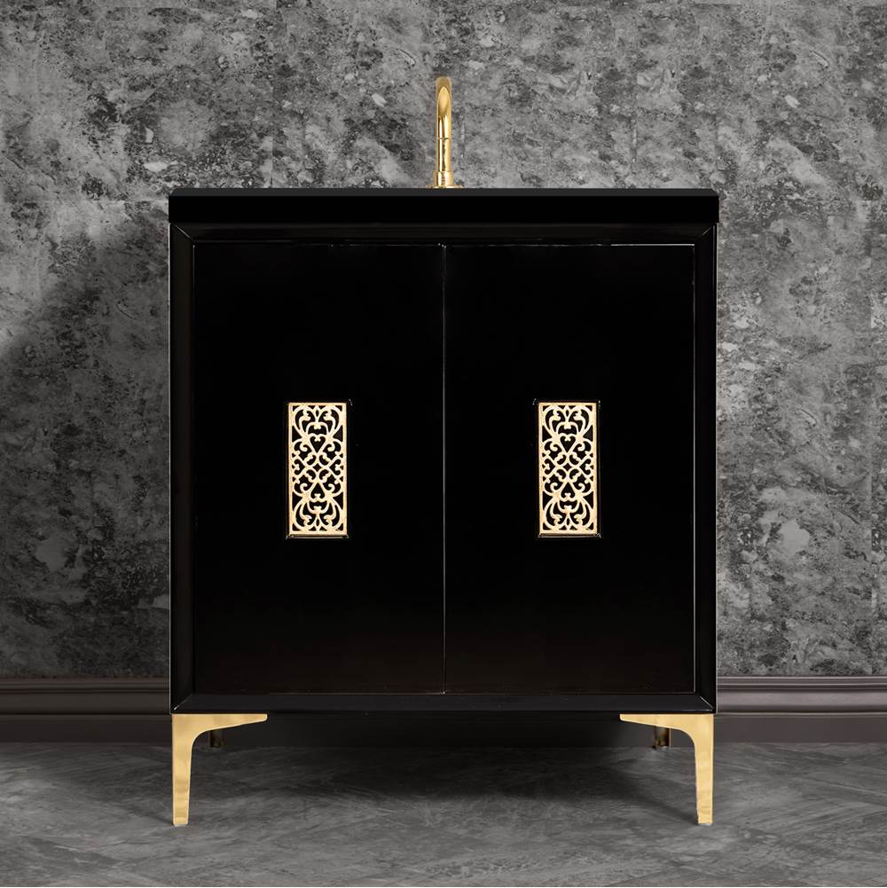 Linkasink Frame 30'' Wide Black Vanity with Polished Brass Filigree Grate and Legs, 30'' x 22'' x 33.5'' (without vanity top)