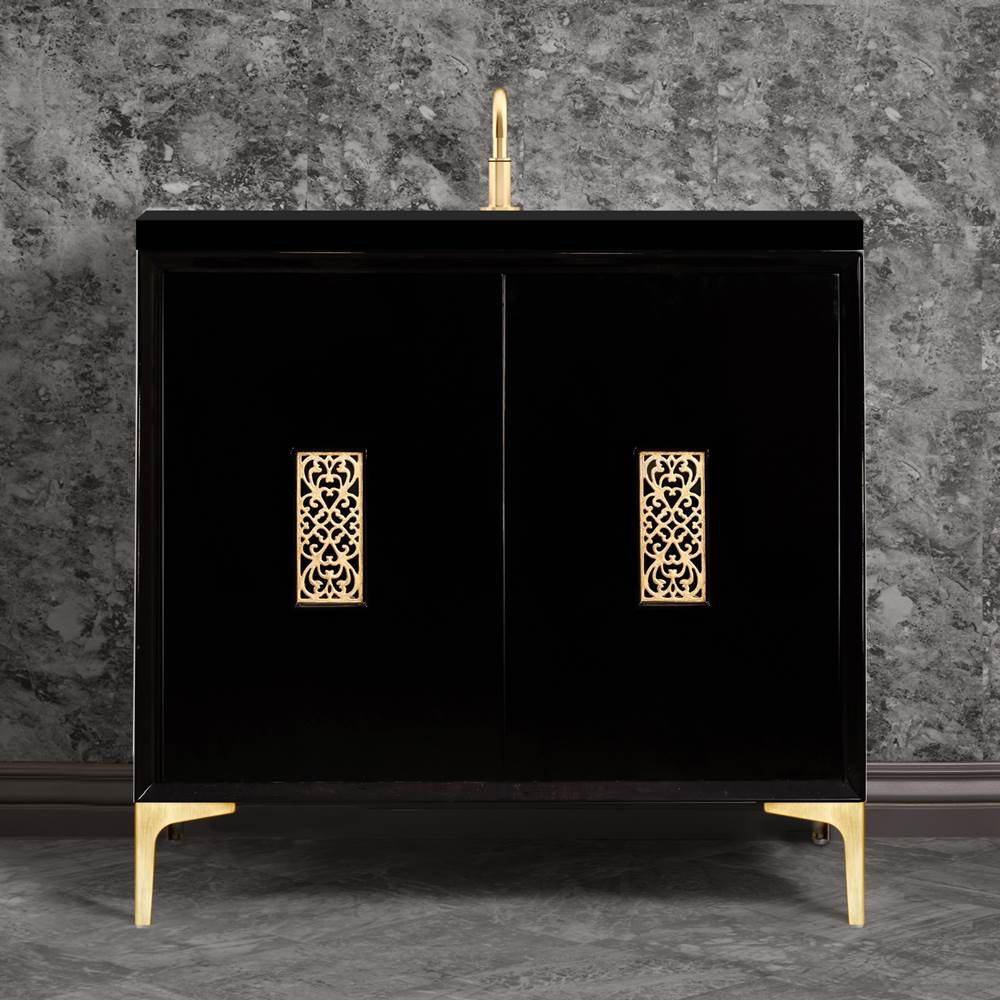 Linkasink Frame 36'' Wide Black Vanity with Satin Brass Filigree Grate and Legs, 36'' x 22'' x 33.5'' (without vanity top)