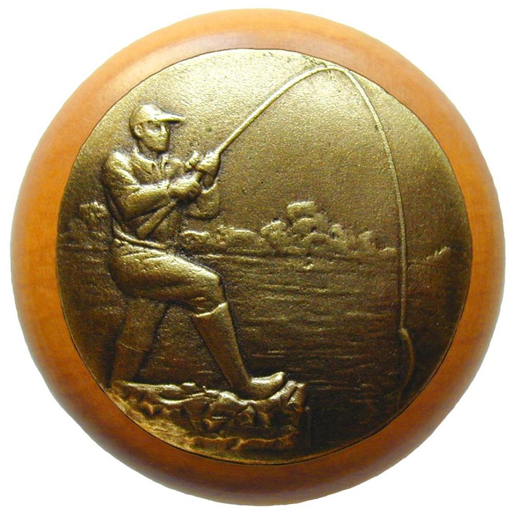 Notting Hill Catch of the Day Wood Knob in Antique Brass /Maple wood finish