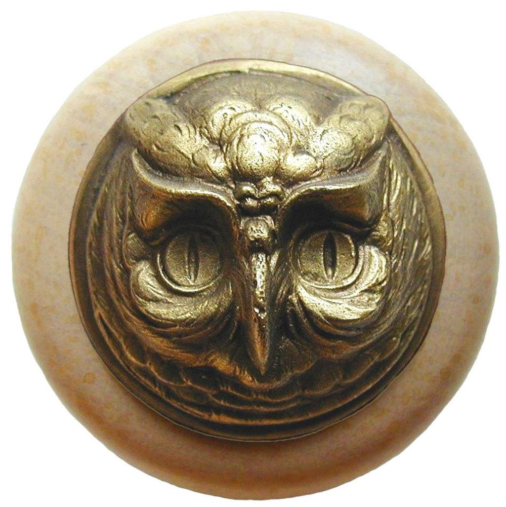 Notting Hill Wise Owl Wood Knob in Antique Brass /Natural wood finish
