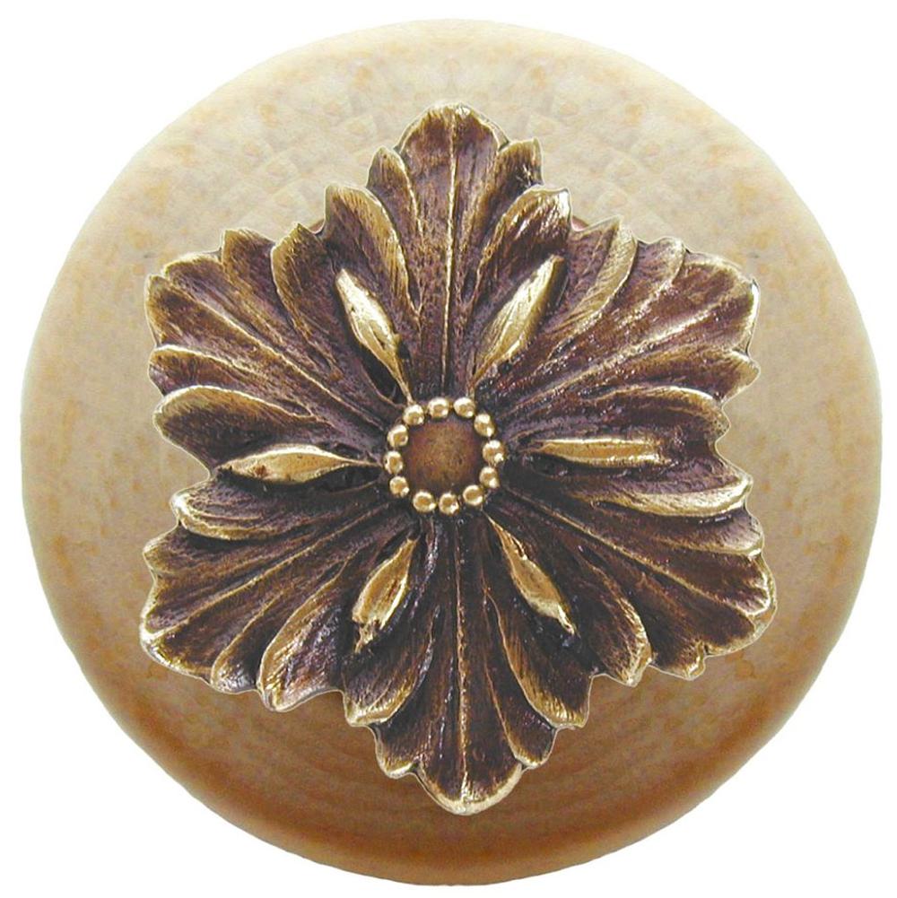 Notting Hill Opulent Flower Wood Knob in Antique Brass/Natural wood finish