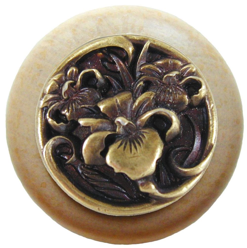 Notting Hill River Iris Wood Knob in Antique Brass/Natural wood finish