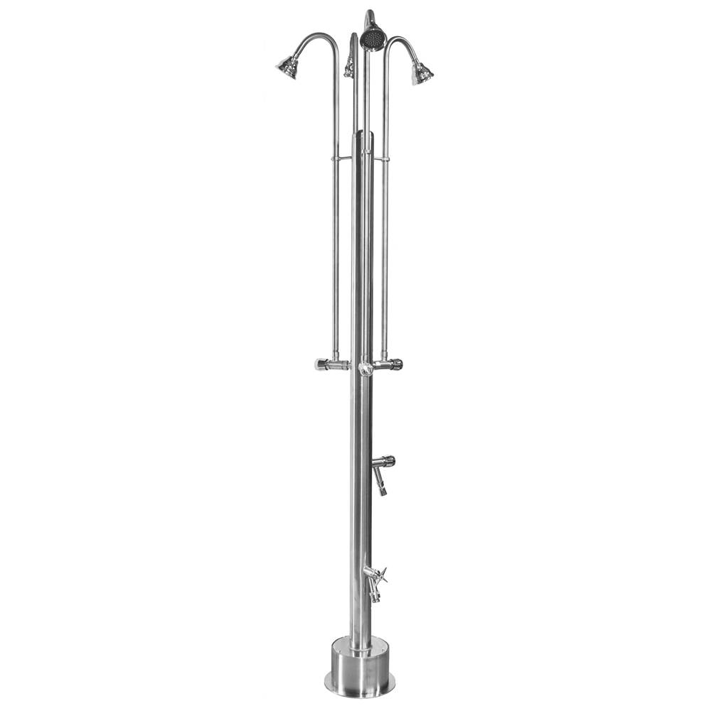 Outdoor Shower Free Standing Single Supply Shower - ADA Metered Valves, Four 3'' Shower Heads, Foot Shower, Hose Bibb