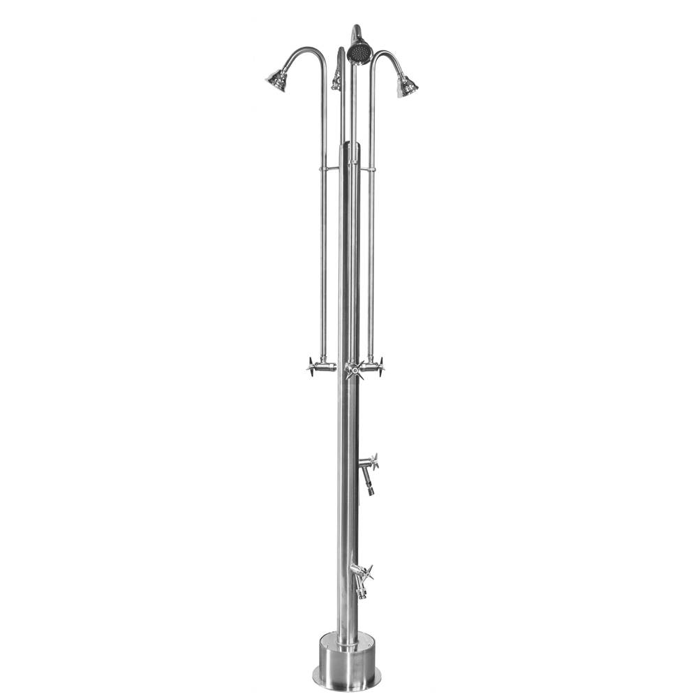 Outdoor Shower Free Standing Single Supply Shower - Cross Handle Valves, Four 3'' Shower Heads, Foot Shower, Hose Bibb