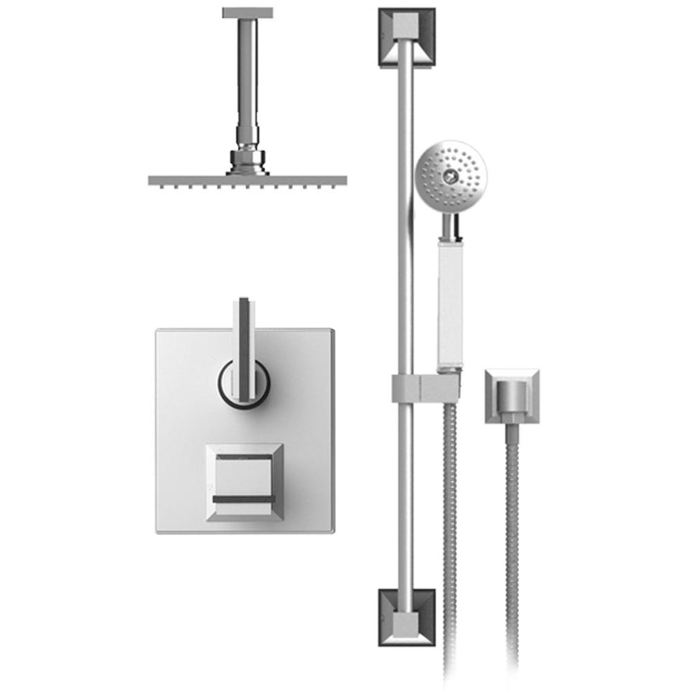 Rubinet Temperature Contol Shower With Two Way Diverter & Shut-Off, Hand Held Shower, Bar, Integral Supply & Fixed Shower Head & Arm 8'' Ceiling Mount Trim On