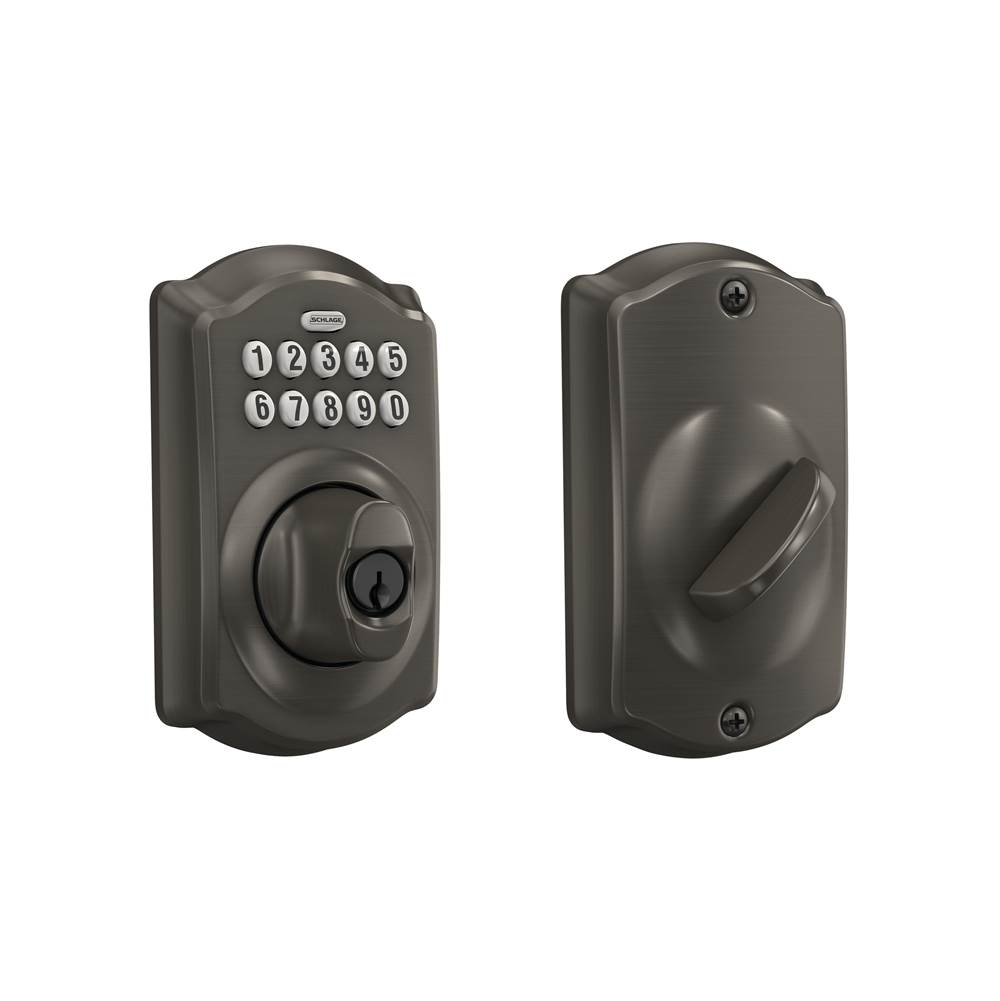 Schlage Keypad Deadbolt with Camelot Trim in Black Stainless